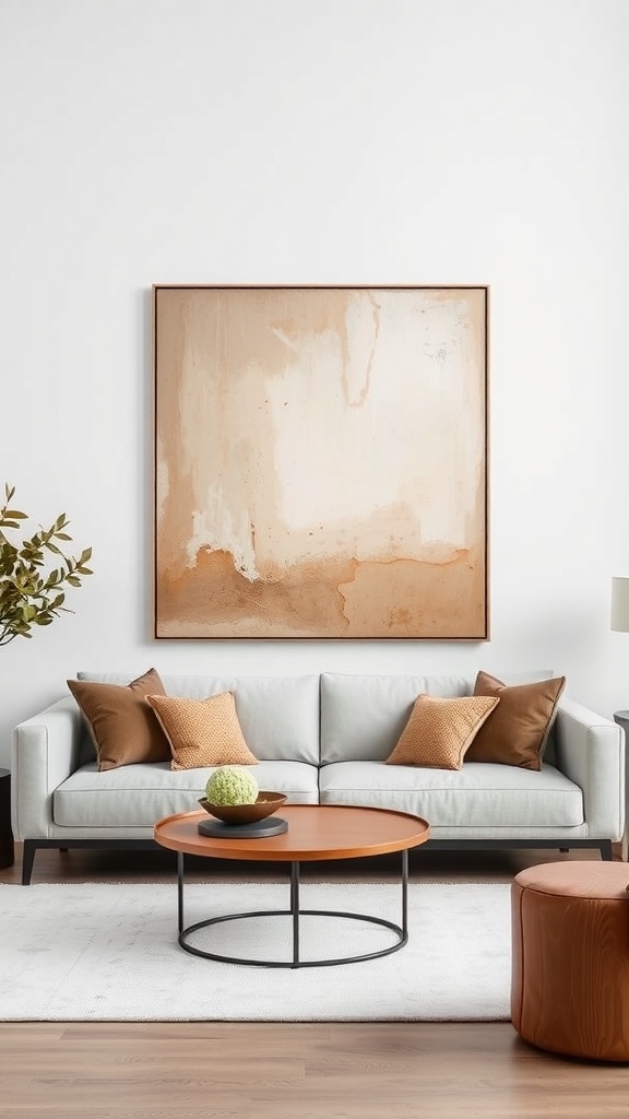 Modern living room with a minimalist aesthetic, featuring a light gray sofa accented with brown and tan throw pillows. A large, abstract beige and terracotta art piece hangs centered above the sofa, creating a bold focal point. The space is styled with a round wooden coffee table, white area rug, and warm natural tones.