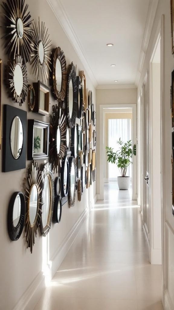 Bright hallway featuring a striking gallery wall of assorted decorative mirrors in various shapes and metallic finishes, including sunburst and circular designs. The mirrors create visual interest and reflect light, making the narrow space feel larger. A potted plant is visible at the far end, adding a touch of greenery.