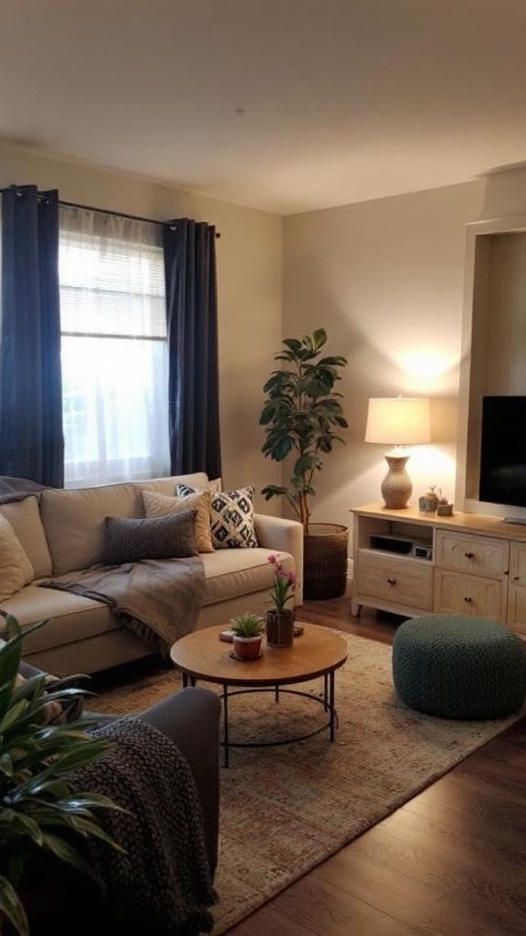 Warm and cozy living room featuring a beige sectional sofa with layered throw blankets and patterned pillows. A round wooden coffee table with small potted plants sits on a textured rug, while a knitted pouf adds extra seating. Soft lighting from a table lamp and indoor greenery create a welcoming atmosphere.