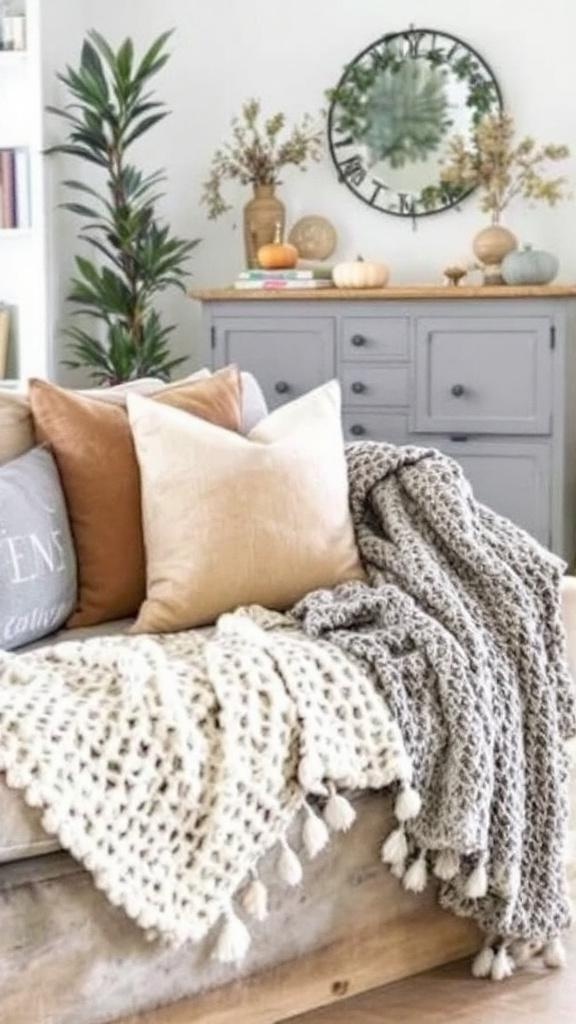 Cozy fall-inspired living room corner with a neutral sofa layered in chunky knit throws and warm-toned pillows. A gray sideboard decorated with pumpkins, dried florals, and a round wall clock adds seasonal charm, while a tall green plant brings a touch of freshness to the space.