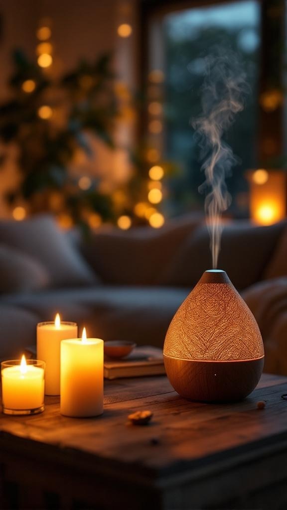 Warm and cozy living room scene featuring glowing candles and a decorative essential oil diffuser releasing steam on a wooden coffee table. Soft ambient lighting and blurred fairy lights in the background create a calming, inviting atmosphere perfect for relaxation.