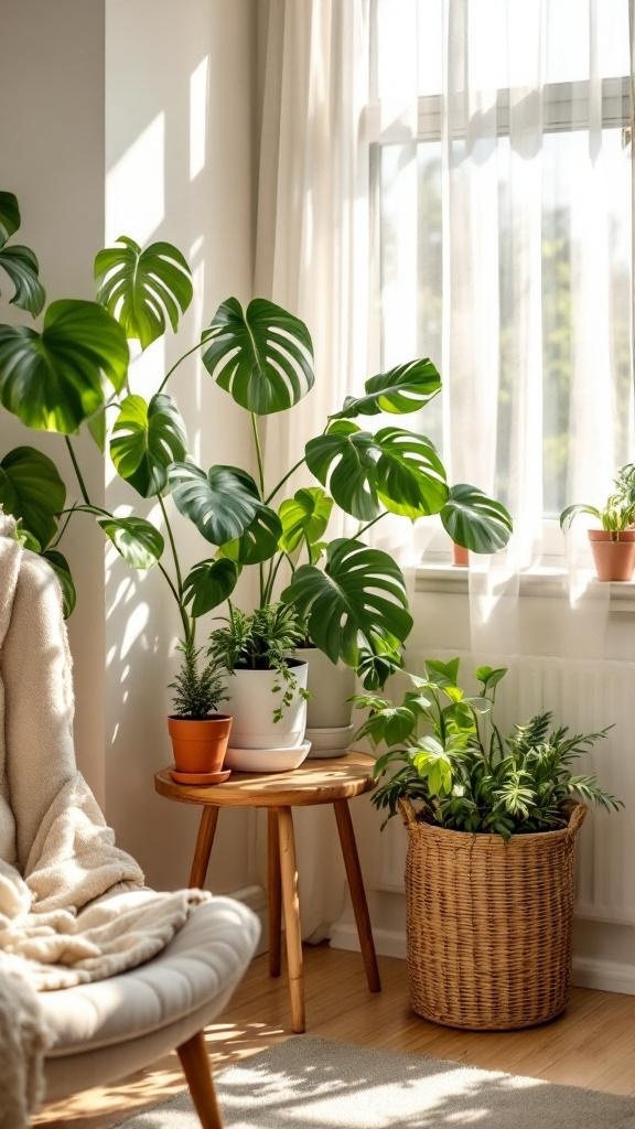 Bright and cozy corner of a living room with large leafy houseplants in terracotta and woven baskets. A wooden side table holds potted plants near a sunlit window with sheer curtains, and a cushioned chair draped with a soft blanket adds warmth to the space.
