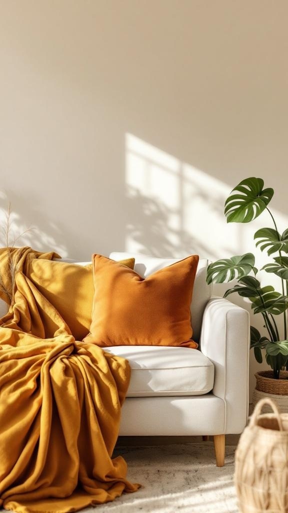 Minimalist cozy corner with a white armchair layered in mustard-colored throw blanket and matching pillow. Sunlight streams through the window, casting soft shadows on the neutral wall, while a potted monstera plant adds greenery to the warm, inviting space.
