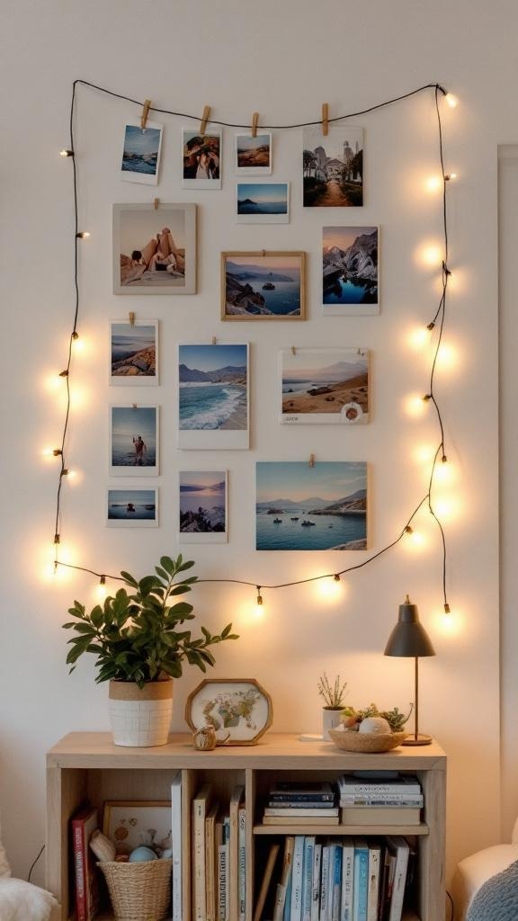 Cozy gallery wall display with travel photos and postcards clipped to string lights, creating a warm glow on a white wall. Below, a wooden bookshelf holds books, a potted plant, and small decorative items, adding a personal and inviting touch to the living space.