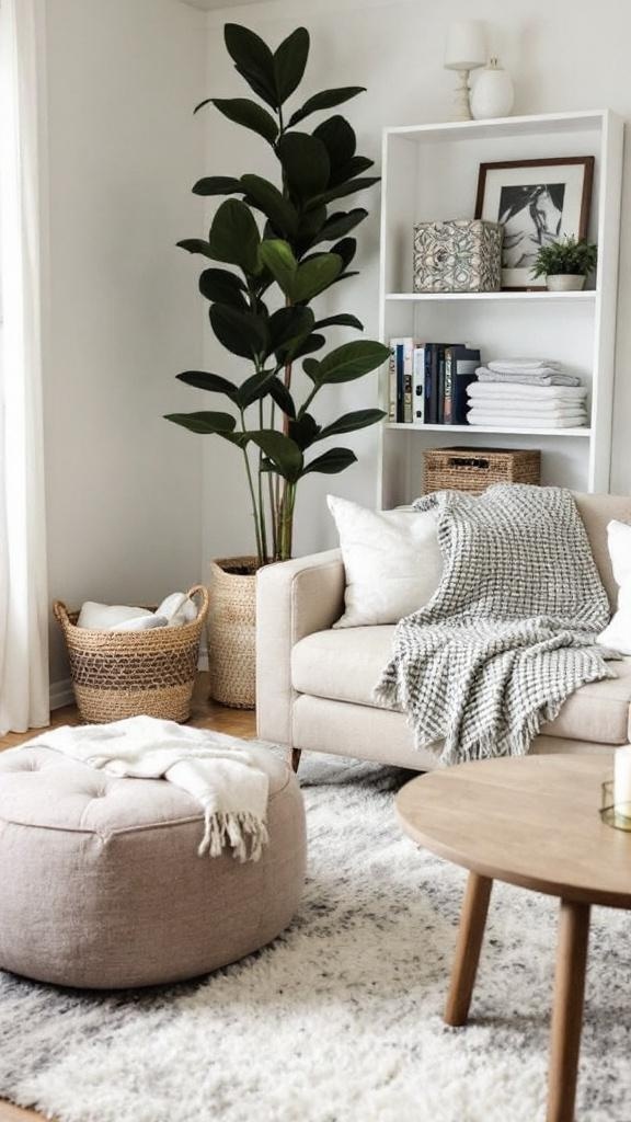 Bright and cozy living room corner featuring a beige sofa with a textured throw blanket, a round upholstered pouf, and a wooden coffee table on a soft patterned rug. A tall leafy plant stands beside white shelving filled with books, baskets, and neatly folded linens, adding warmth and organization to the space.