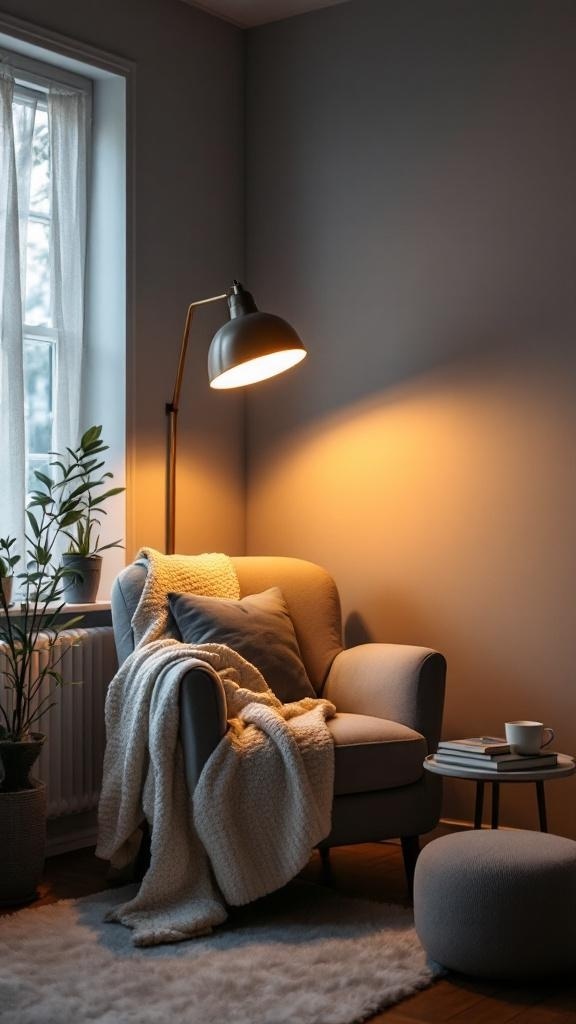 Cozy reading nook with a soft armchair draped in a fluffy blanket, accented by plush pillows and a warm floor lamp. A small side table with books and a cup of coffee sits nearby, while natural light filters through sheer curtains and indoor plants add a calming touch.