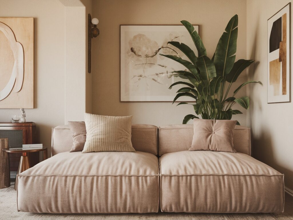 A cozy, modern living room with a low-profile beige sectional sofa topped with soft throw pillows. The space features neutral-toned walls, abstract artwork, a large leafy houseplant, and a mix of wood and metal accent furniture, creating a warm and inviting atmosphere.