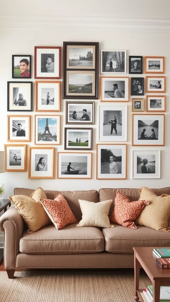 Cozy living room with a tan sofa and assorted throw pillows, featuring a curated gallery wall above it. The wall displays a mix of black-and-white and color photographs in various frame styles and sizes, arranged in a grid-like pattern for a personalized, stylish home decor look.